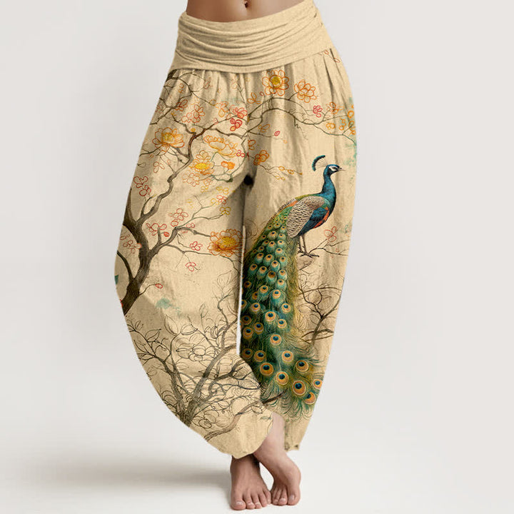 Buddha Stones Pantaloni harem da donna in cotone con motivo floreale a pavone e vita elasticizzata. - Grano - US16, UK/AU20, EU48 (3XL) - image 0