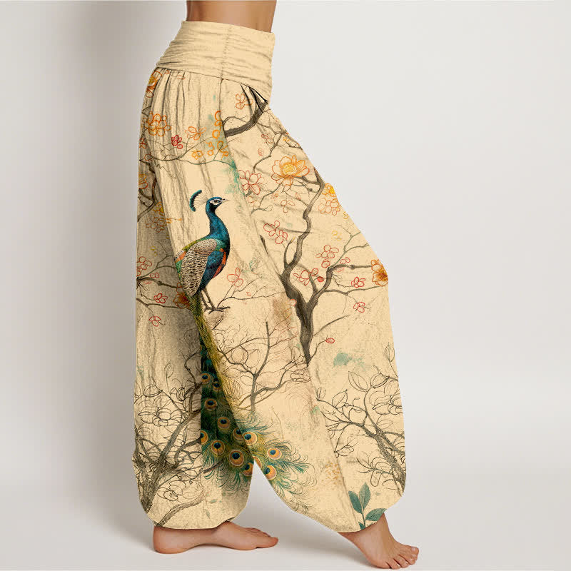 Buddha Stones Pantaloni harem da donna in cotone con motivo floreale a pavone e vita elasticizzata. - image 1