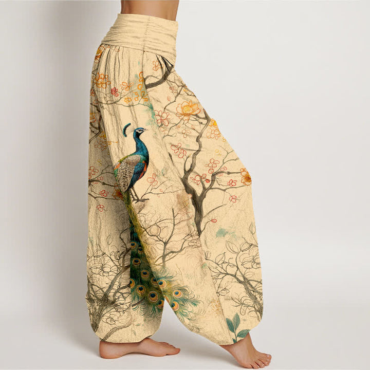 Buddha Stones Pantaloni harem da donna in cotone con motivo floreale a pavone e vita elasticizzata. - image 1