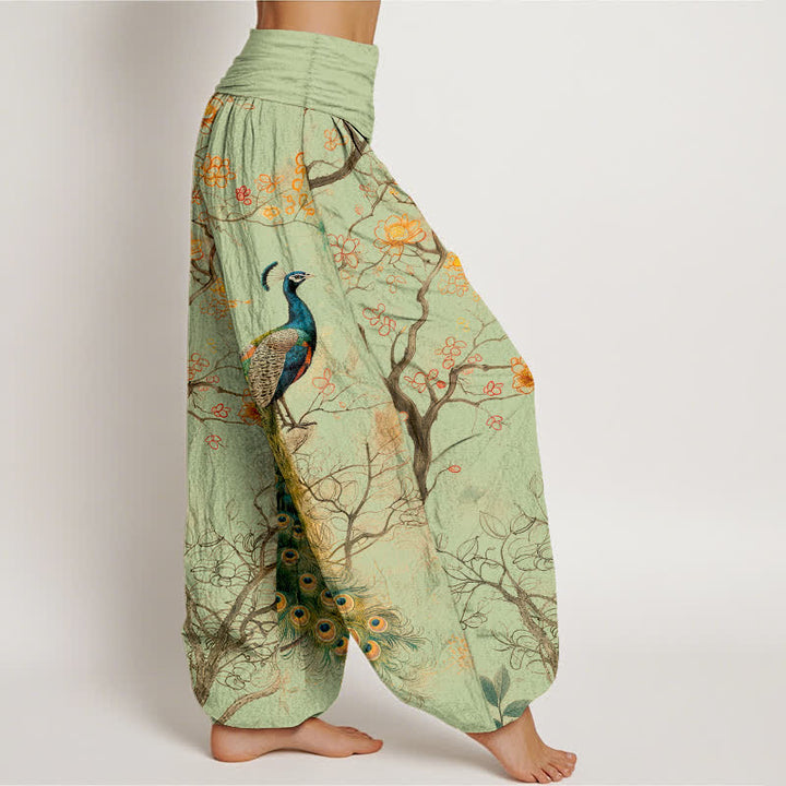 Buddha Stones Pantaloni harem da donna in cotone con motivo floreale a pavone e vita elasticizzata. - image 6