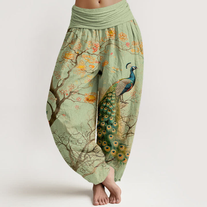 Buddha Stones Pantaloni harem da donna in cotone con motivo floreale a pavone e vita elasticizzata. - Verde chiaro - US16, UK/AU20, EU48 (3XL) - image 5