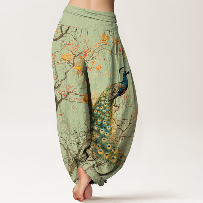 Buddha Stones Pantaloni harem da donna in cotone con motivo floreale a pavone e vita elasticizzata. - image 7