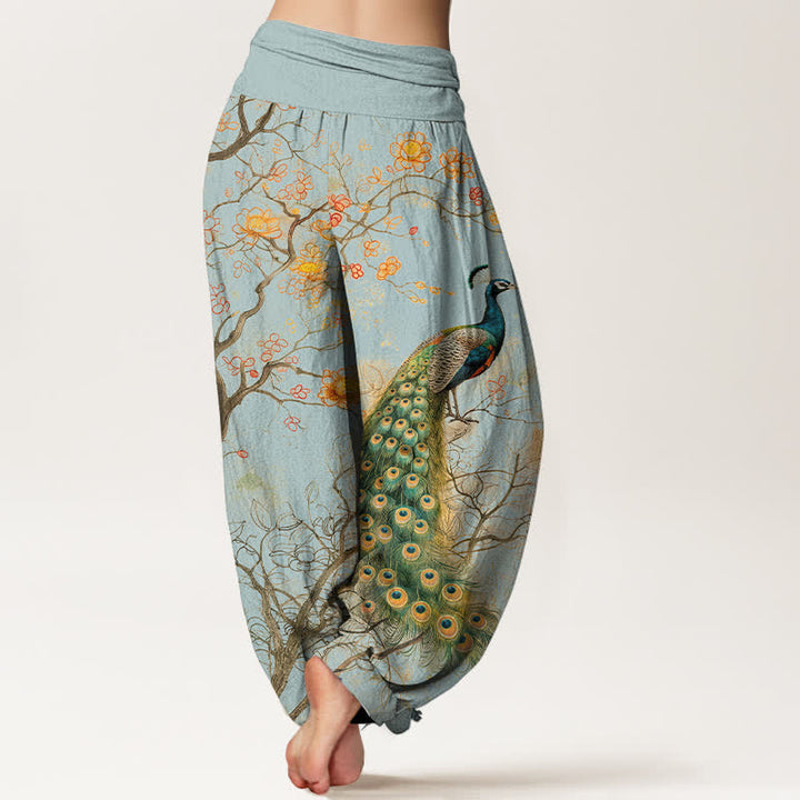 Buddha Stones Pantaloni harem da donna in cotone con motivo floreale a pavone e vita elasticizzata. - image 10