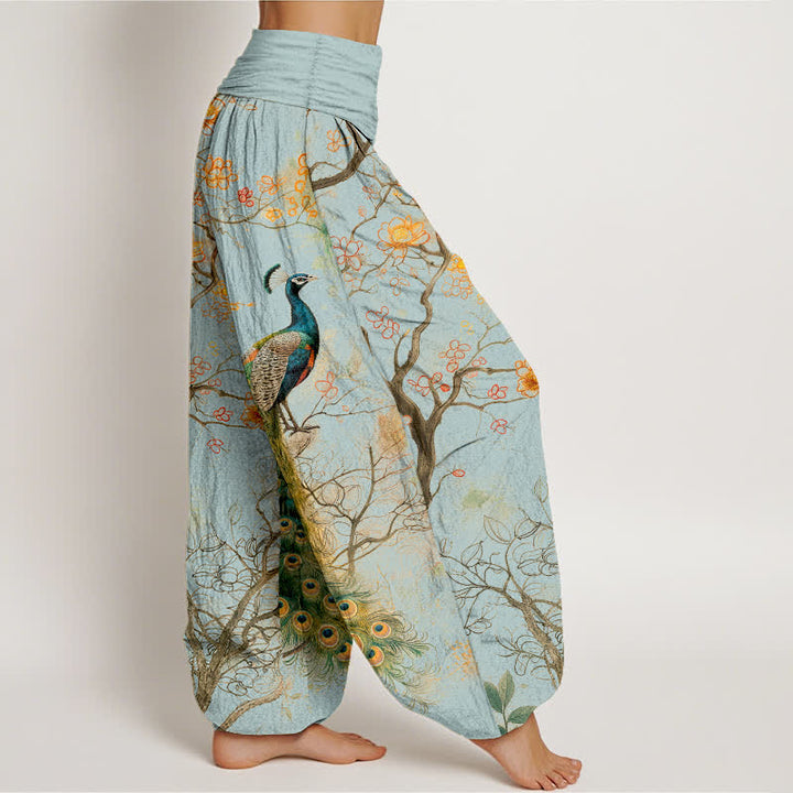 Buddha Stones Pantaloni harem da donna in cotone con motivo floreale a pavone e vita elasticizzata. - image 9