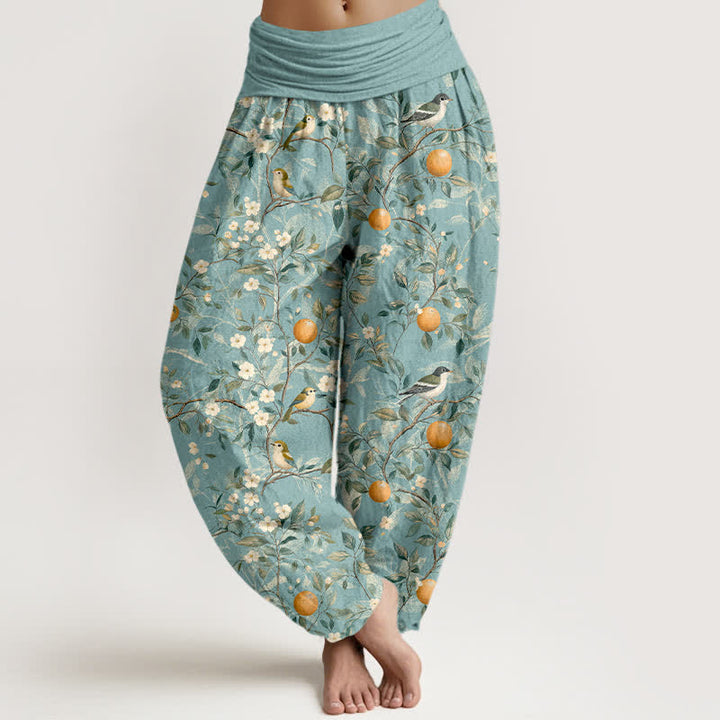 Buddha Stones Pantaloni harem da donna in cotone con motivo uccelli e fiori d'arancio e vita elasticizzata - Cielo Blu - US16, UK/AU20, EU48 (3XL) - image 0