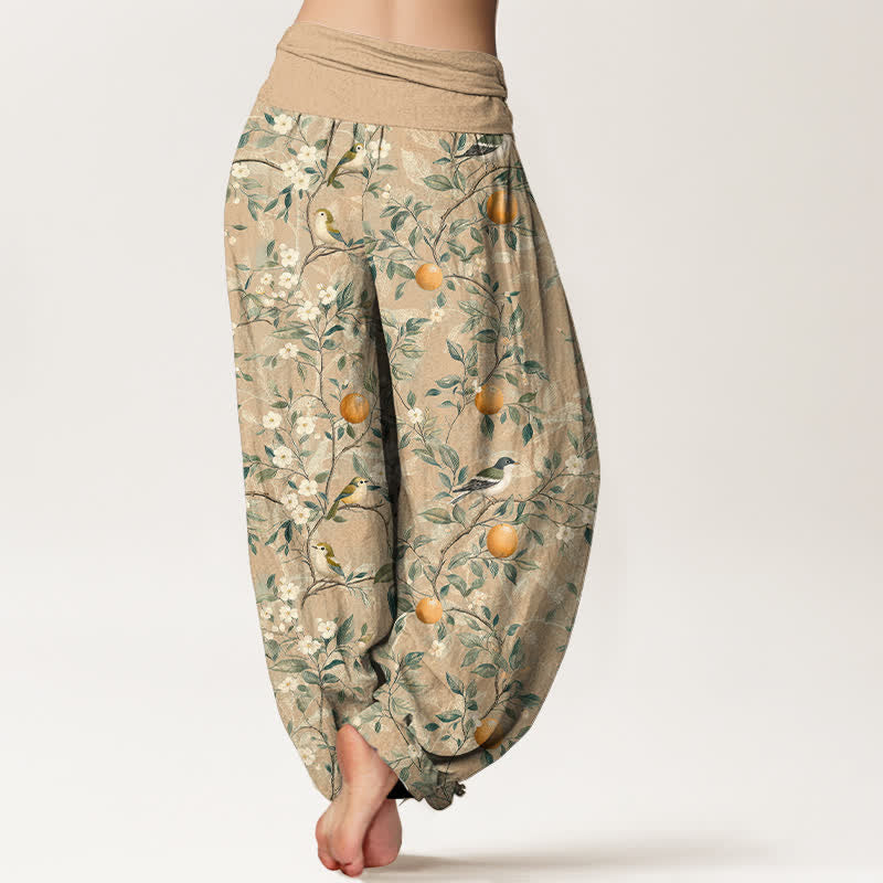 Buddha Stones Pantaloni harem da donna in cotone con motivo uccelli e fiori d'arancio e vita elasticizzata - image 6
