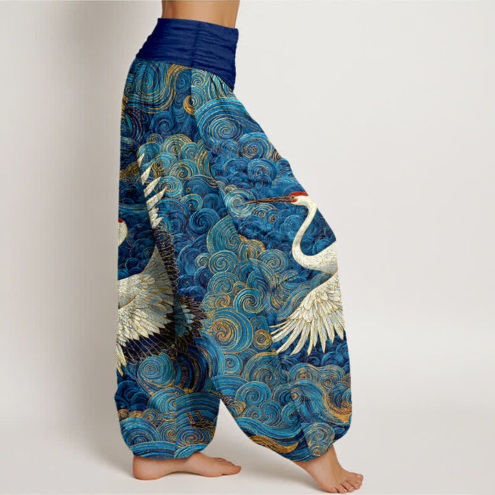Buddha Stones Pantaloni harem da donna in cotone bianco con motivo a onde e elastico in vita. - image 2
