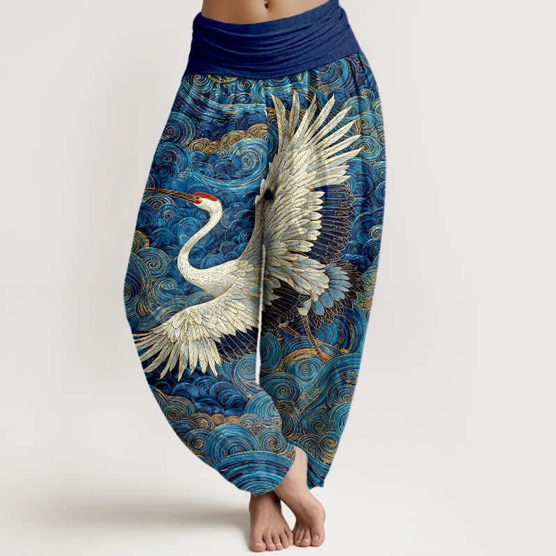 Buddha Stones Pantaloni harem da donna in cotone bianco con motivo a onde e elastico in vita. - Blu reale - US16, UK/AU20, EU48 (3XL) - image 0