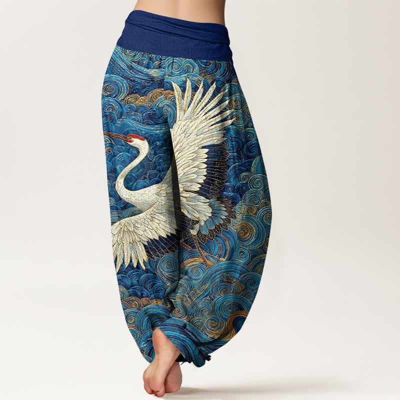 Buddha Stones Pantaloni harem da donna in cotone bianco con motivo a onde e elastico in vita. - image 1