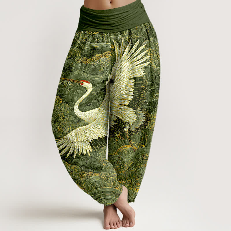 Buddha Stones Pantaloni harem da donna in cotone bianco con motivo a onde e elastico in vita. - Verde - US16, UK/AU20, EU48 (3XL) - image 5