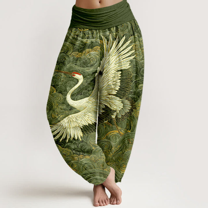 Buddha Stones Pantaloni harem da donna in cotone bianco con motivo a onde e elastico in vita. - Verde - US16, UK/AU20, EU48 (3XL) - image 5