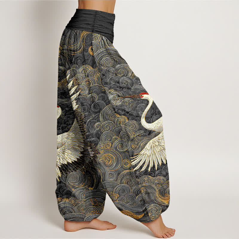 Buddha Stones Pantaloni harem da donna in cotone bianco con motivo a onde e elastico in vita. - image 10