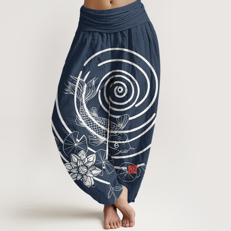 Buddha Stones Pantaloni harem da donna in cotone con motivo a carpe koi e loto, con elastico in vita. - Marina - US16, UK/AU20, EU48 (3XL) - image 0