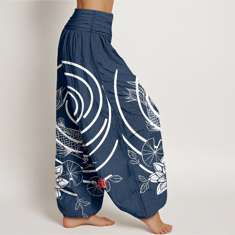 Buddha Stones Pantaloni harem da donna in cotone con motivo a carpe koi e loto, con elastico in vita. - image 2