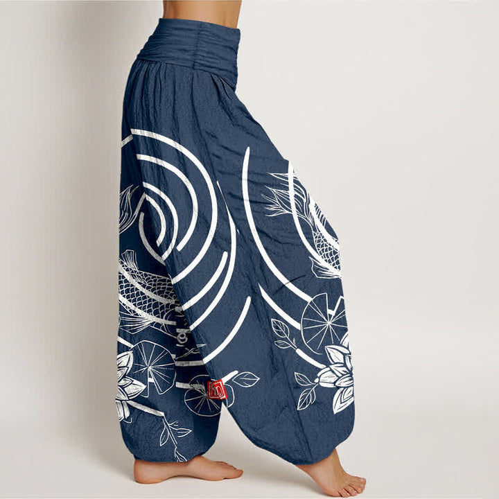 Buddha Stones Pantaloni harem da donna in cotone con motivo a carpe koi e loto, con elastico in vita. - image 2