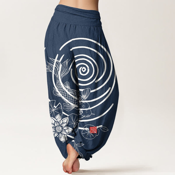 Buddha Stones Pantaloni harem da donna in cotone con motivo a carpe koi e loto, con elastico in vita. - image 1