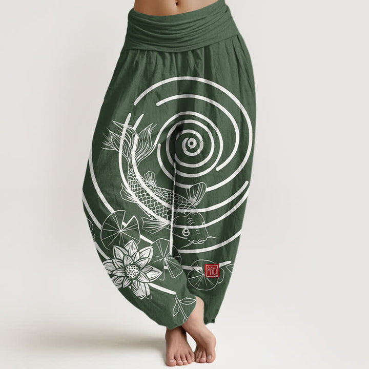 Buddha Stones Pantaloni harem da donna in cotone con motivo a carpe koi e loto, con elastico in vita. - Verde studentesco - US16, UK/AU20, EU48 (3XL) - image 5