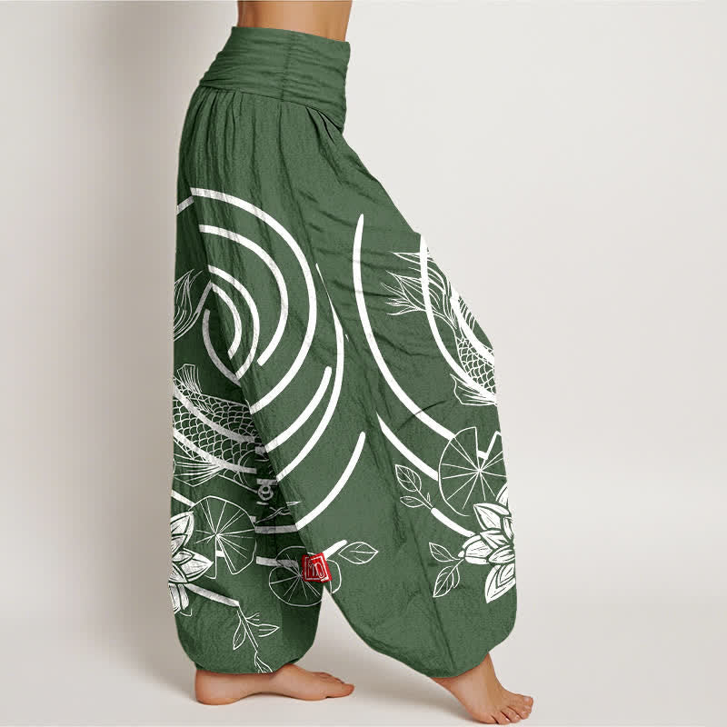 Buddha Stones Pantaloni harem da donna in cotone con motivo a carpe koi e loto, con elastico in vita. - image 7