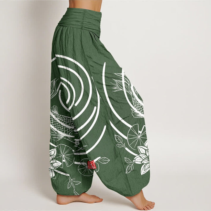 Buddha Stones Pantaloni harem da donna in cotone con motivo a carpe koi e loto, con elastico in vita. - image 7