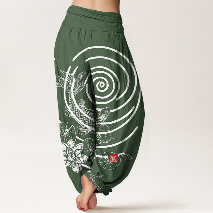 Buddha Stones Pantaloni harem da donna in cotone con motivo a carpe koi e loto, con elastico in vita. - image 6