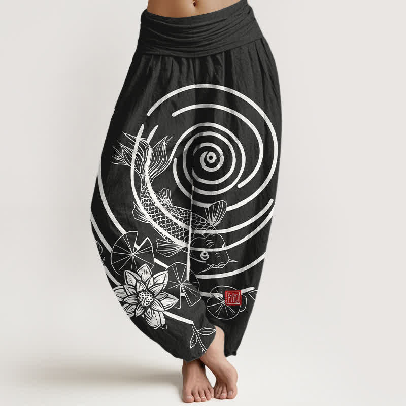 Buddha Stones Pantaloni harem da donna in cotone con motivo a carpe koi e loto, con elastico in vita. - Nero - US16, UK/AU20, EU48 (3XL) - image 8