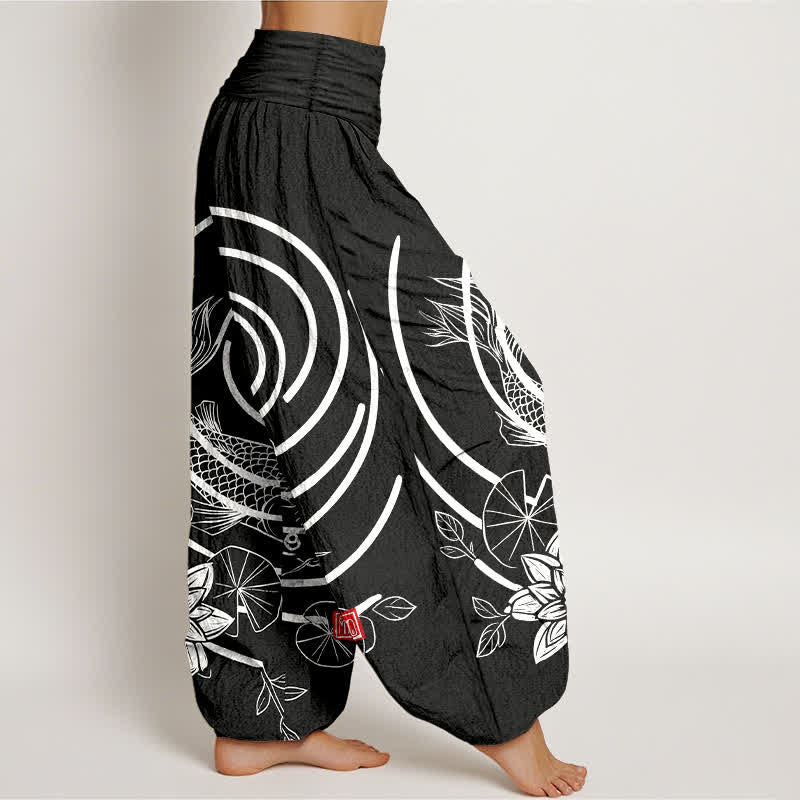 Buddha Stones Pantaloni harem da donna in cotone con motivo a carpe koi e loto, con elastico in vita. - image 10