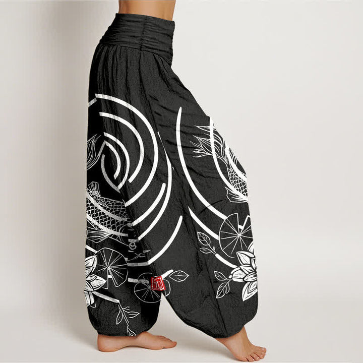 Buddha Stones Pantaloni harem da donna in cotone con motivo a carpe koi e loto, con elastico in vita. - image 10