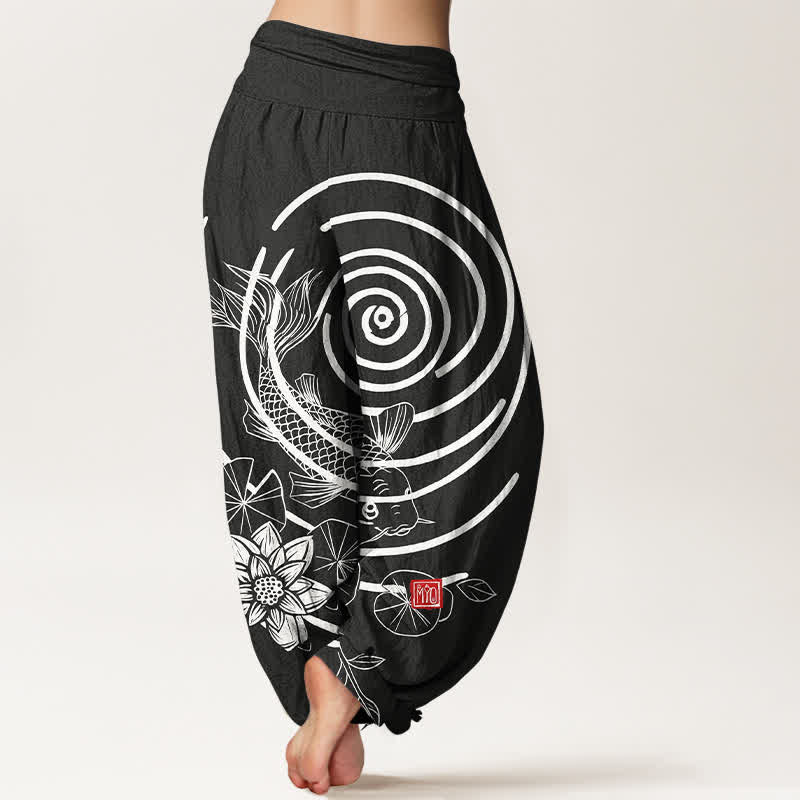 Buddha Stones Pantaloni harem da donna in cotone con motivo a carpe koi e loto, con elastico in vita. - image 9