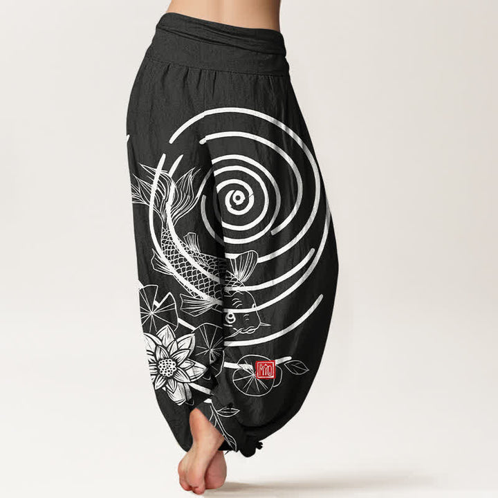 Buddha Stones Pantaloni harem da donna in cotone con motivo a carpe koi e loto, con elastico in vita. - image 9