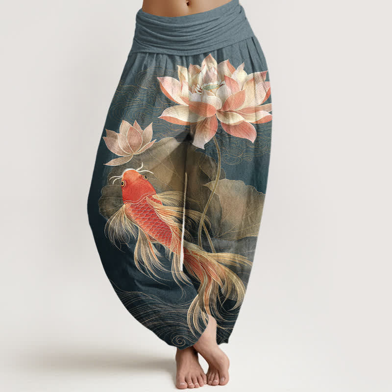 Buddha Stones Eleganti pantaloni harem da donna in cotone con motivo a carpe koi dorate e loto, con elastico in vita. - Verde acqua - US16, UK/AU20, EU48 (3XL) - image 0