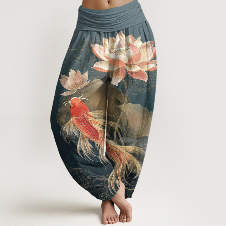 Buddha Stones Eleganti pantaloni harem da donna in cotone con motivo a carpe koi dorate e loto, con elastico in vita. - Verde acqua - US16, UK/AU20, EU48 (3XL) - image 0