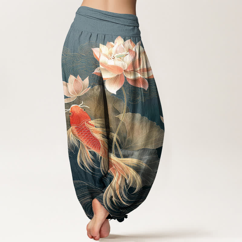 Buddha Stones Eleganti pantaloni harem da donna in cotone con motivo a carpe koi dorate e loto, con elastico in vita. - image 1