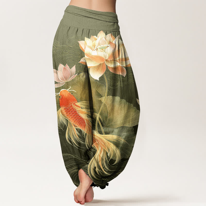 Buddha Stones Eleganti pantaloni harem da donna in cotone con motivo a carpe koi dorate e loto, con elastico in vita. - image 6