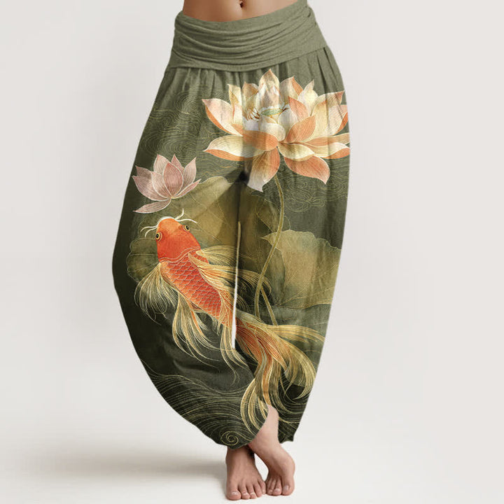 Buddha Stones Eleganti pantaloni harem da donna in cotone con motivo a carpe koi dorate e loto, con elastico in vita. - Oliva - US16, UK/AU20, EU48 (3XL) - image 5