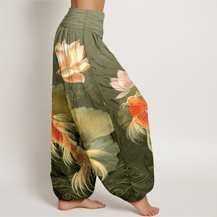 Buddha Stones Eleganti pantaloni harem da donna in cotone con motivo a carpe koi dorate e loto, con elastico in vita. - image 7