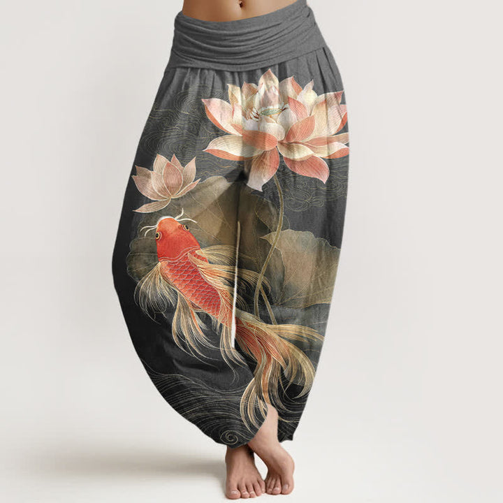 Buddha Stones Eleganti pantaloni harem da donna in cotone con motivo a carpe koi dorate e loto, con elastico in vita. - Grigio tenue - US16, UK/AU20, EU48 (3XL) - image 8