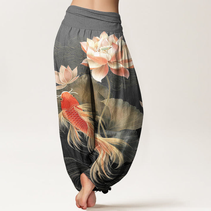 Buddha Stones Eleganti pantaloni harem da donna in cotone con motivo a carpe koi dorate e loto, con elastico in vita. - image 9