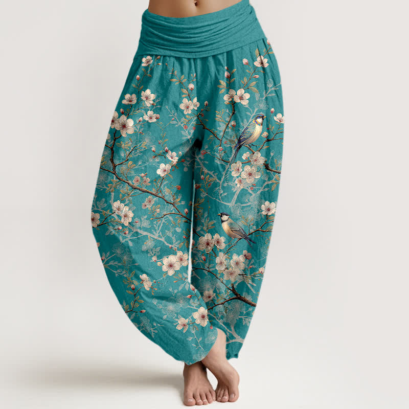Buddha Stones Pantaloni harem da donna in cotone con motivo a rami fioriti e uccelli, con elastico in vita. - Verde Mare Chiaro - US16, UK/AU20, EU48 (3XL) - image 0