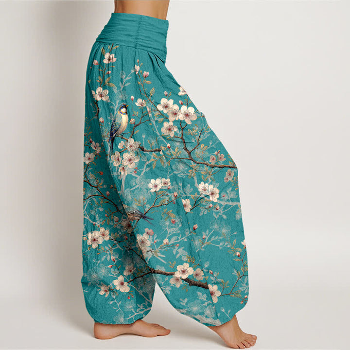 Buddha Stones Pantaloni harem da donna in cotone con motivo a rami fioriti e uccelli, con elastico in vita. - image 2