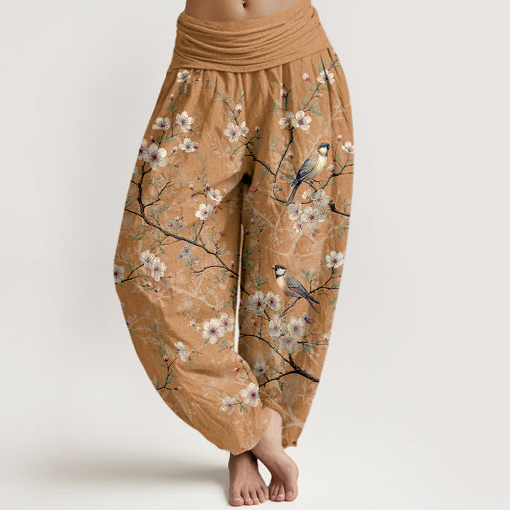 Buddha Stones Pantaloni harem da donna in cotone con motivo a rami fioriti e uccelli, con elastico in vita. - Tan - US16, UK/AU20, EU48 (3XL) - image 5