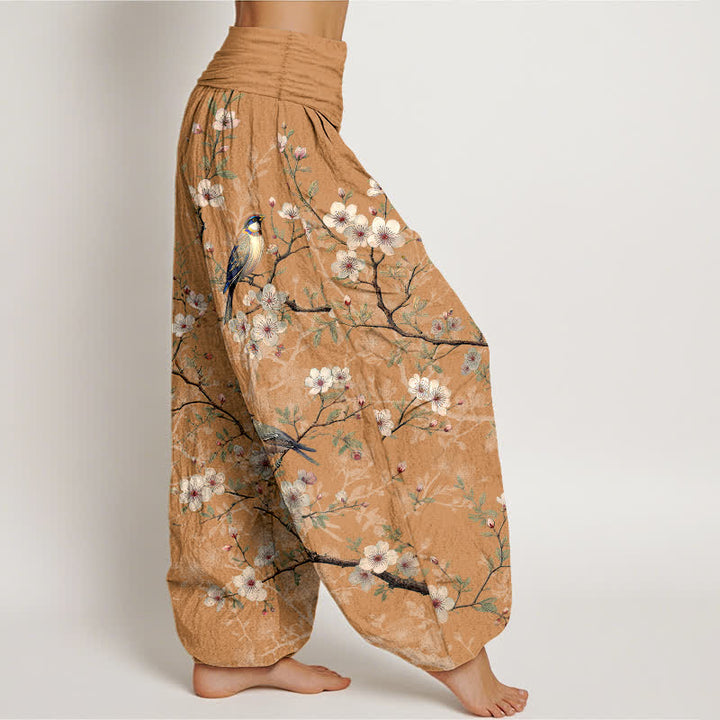 Buddha Stones Pantaloni harem da donna in cotone con motivo a rami fioriti e uccelli, con elastico in vita. - image 7