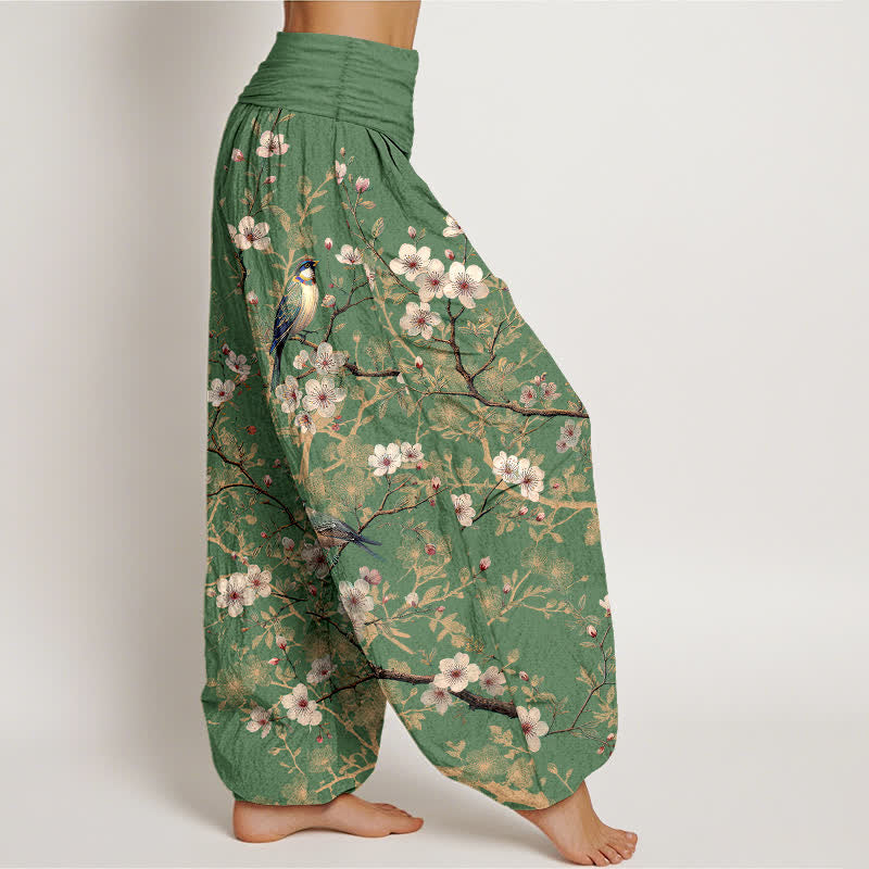 Buddha Stones Pantaloni harem da donna in cotone con motivo a rami fioriti e uccelli, con elastico in vita. - image 10