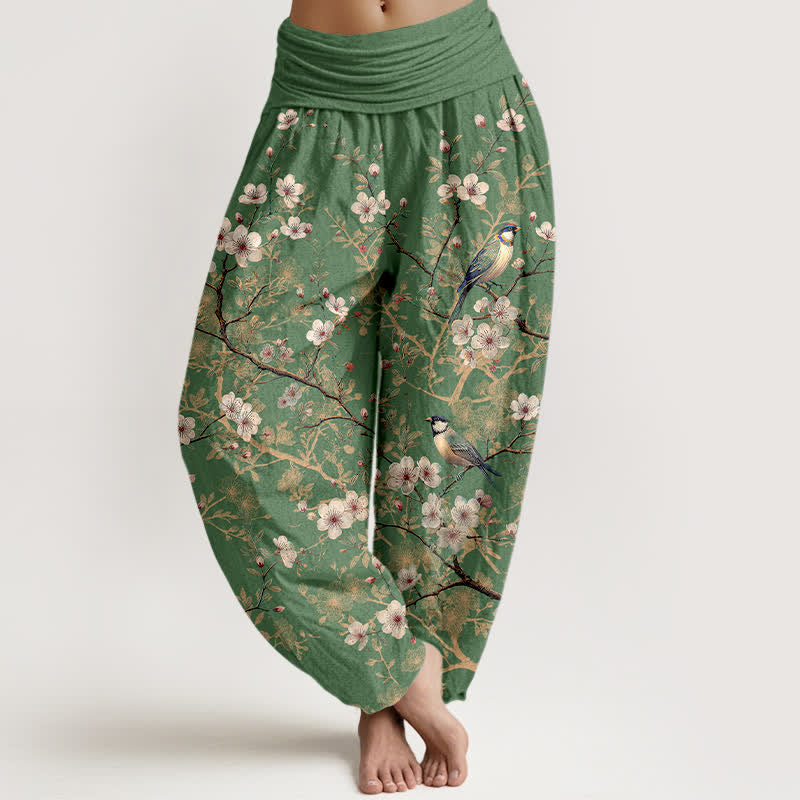 Buddha Stones Pantaloni harem da donna in cotone con motivo a rami fioriti e uccelli, con elastico in vita. - Verde oliva - US16, UK/AU20, EU48 (3XL) - image 8