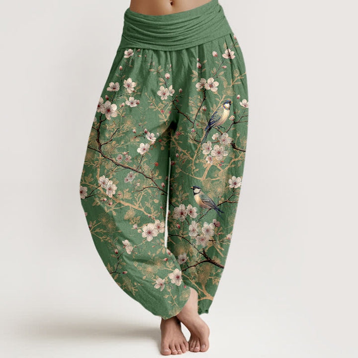 Buddha Stones Pantaloni harem da donna in cotone con motivo a rami fioriti e uccelli, con elastico in vita. - Verde oliva - US16, UK/AU20, EU48 (3XL) - image 8