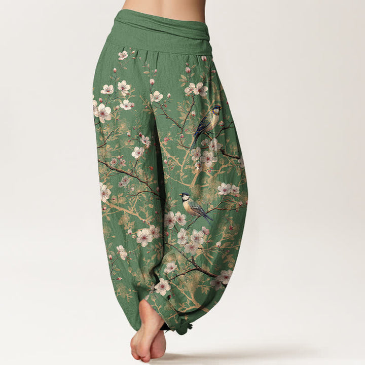 Buddha Stones Pantaloni harem da donna in cotone con motivo a rami fioriti e uccelli, con elastico in vita. - image 9