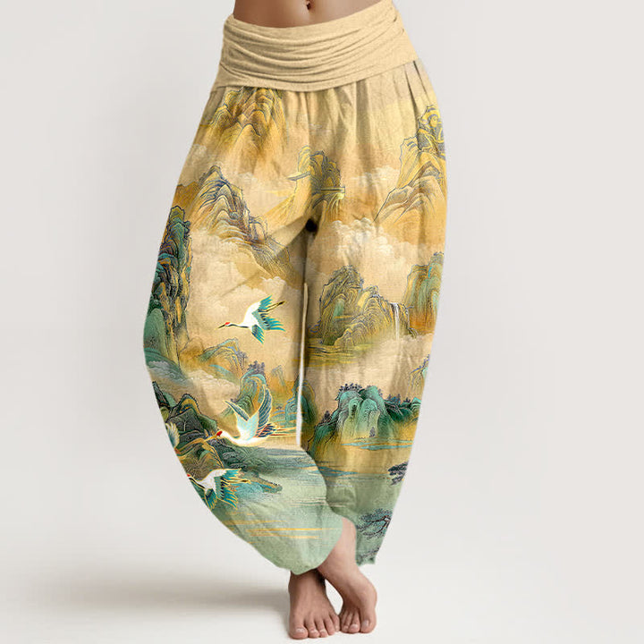 Buddha Stones Pantaloni harem da donna in cotone con elastico in vita e motivo paesaggio orientale con gru dalla corona rossa. - Grano - US16, UK/AU20, EU48 (3XL) - image 0