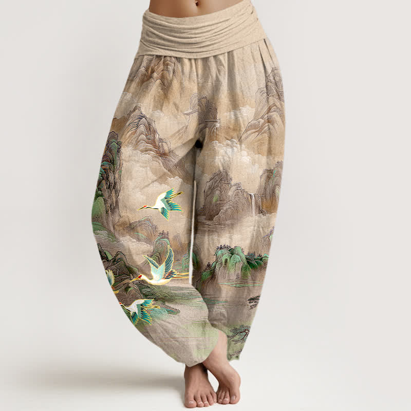 Buddha Stones Pantaloni harem da donna in cotone con elastico in vita e motivo paesaggio orientale con gru dalla corona rossa. - Tan - US16, UK/AU20, EU48 (3XL) - image 5