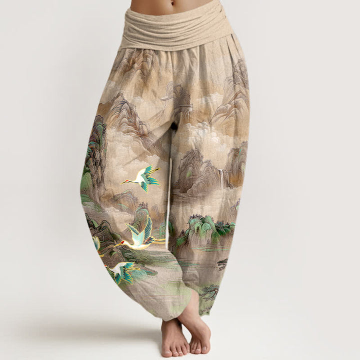 Buddha Stones Pantaloni harem da donna in cotone con elastico in vita e motivo paesaggio orientale con gru dalla corona rossa. - Tan - US16, UK/AU20, EU48 (3XL) - image 5
