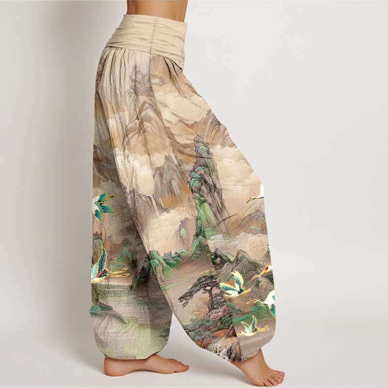 Buddha Stones Pantaloni harem da donna in cotone con elastico in vita e motivo paesaggio orientale con gru dalla corona rossa. - image 7