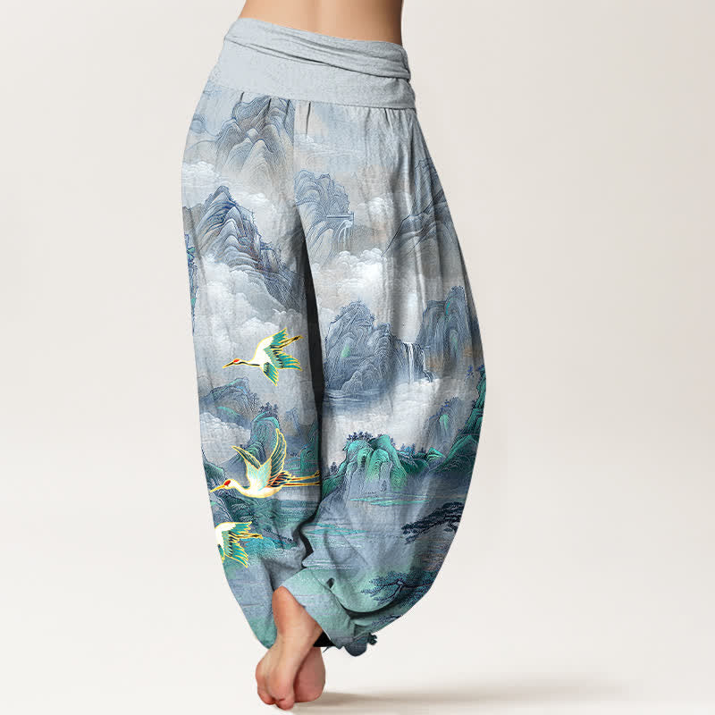 Buddha Stones Pantaloni harem da donna in cotone con elastico in vita e motivo paesaggio orientale con gru dalla corona rossa. - image 9
